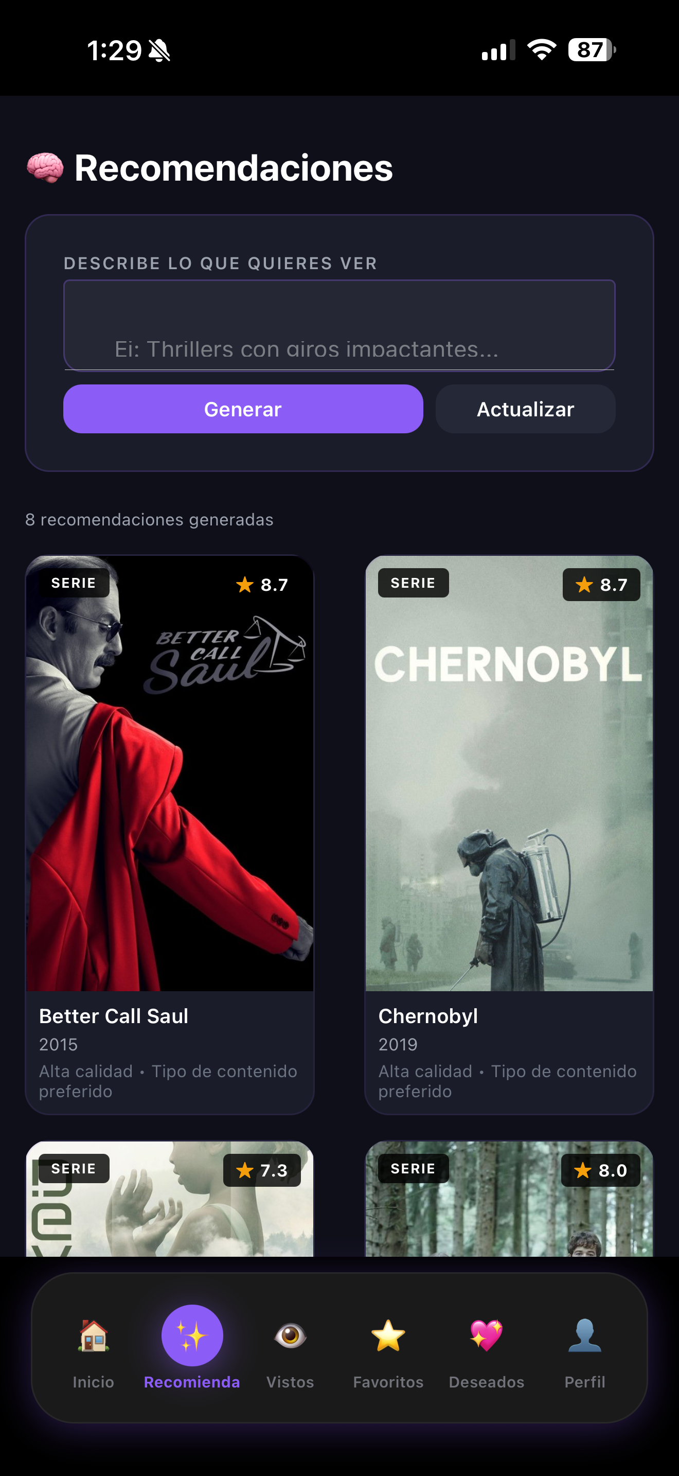 Pantalla de recomendaciones