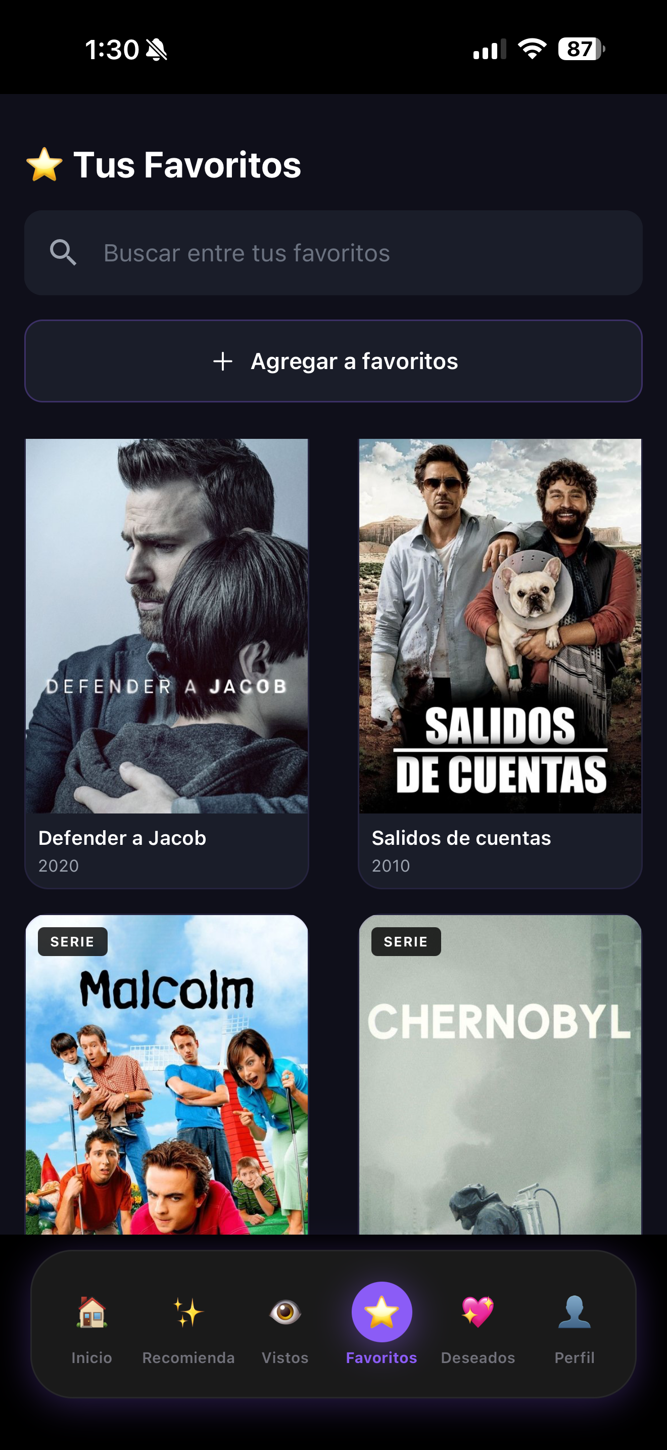 Pantalla de favoritos
